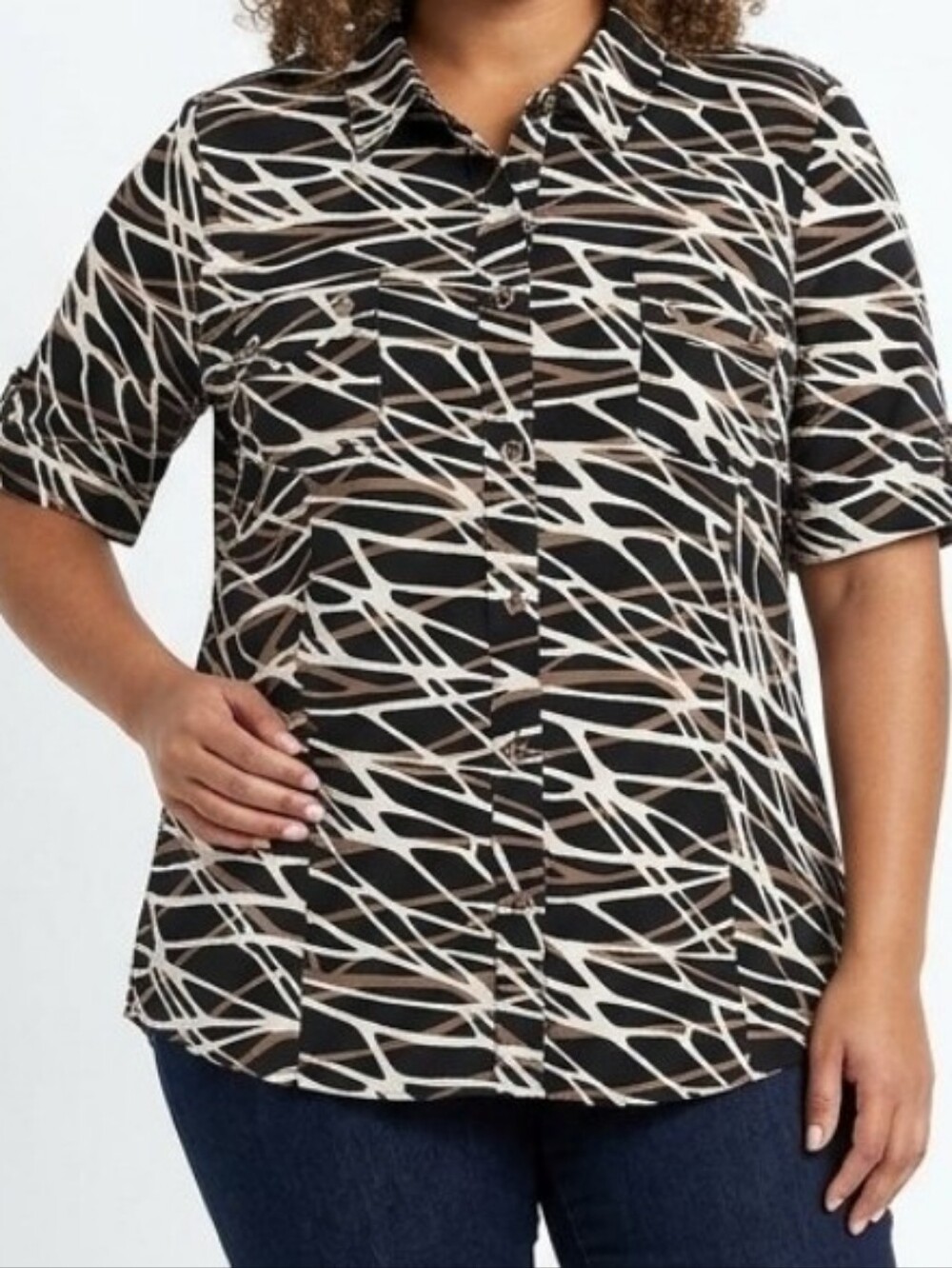 Alfani Womens Black Beige Brown Abstract Print Button Shirt Blouse Sz 20W